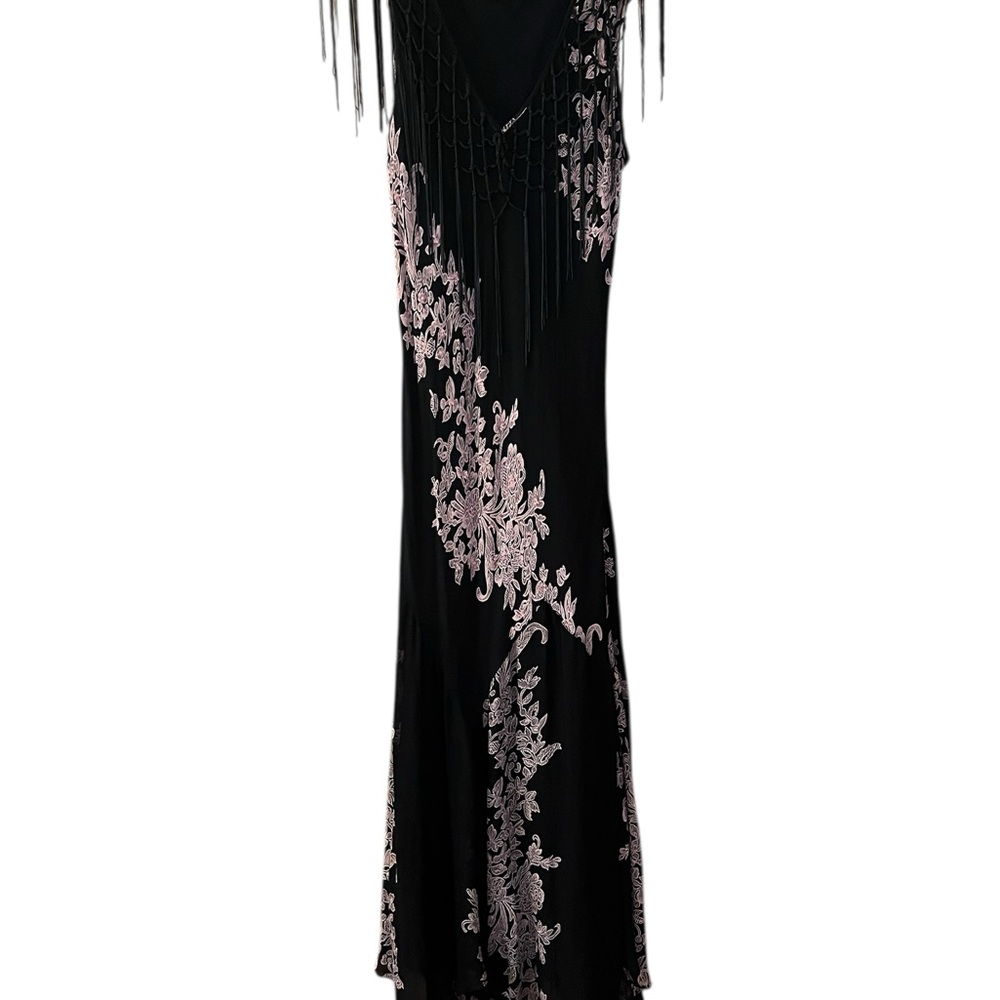 Elegant Black and Pink Beaded Floral Dress with Fringe